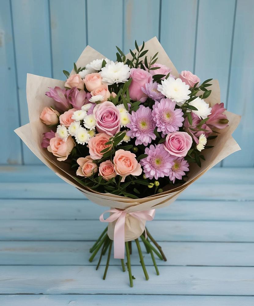 Букет цветов из: Хризантемы, Розы и Альстромерии в Долинске