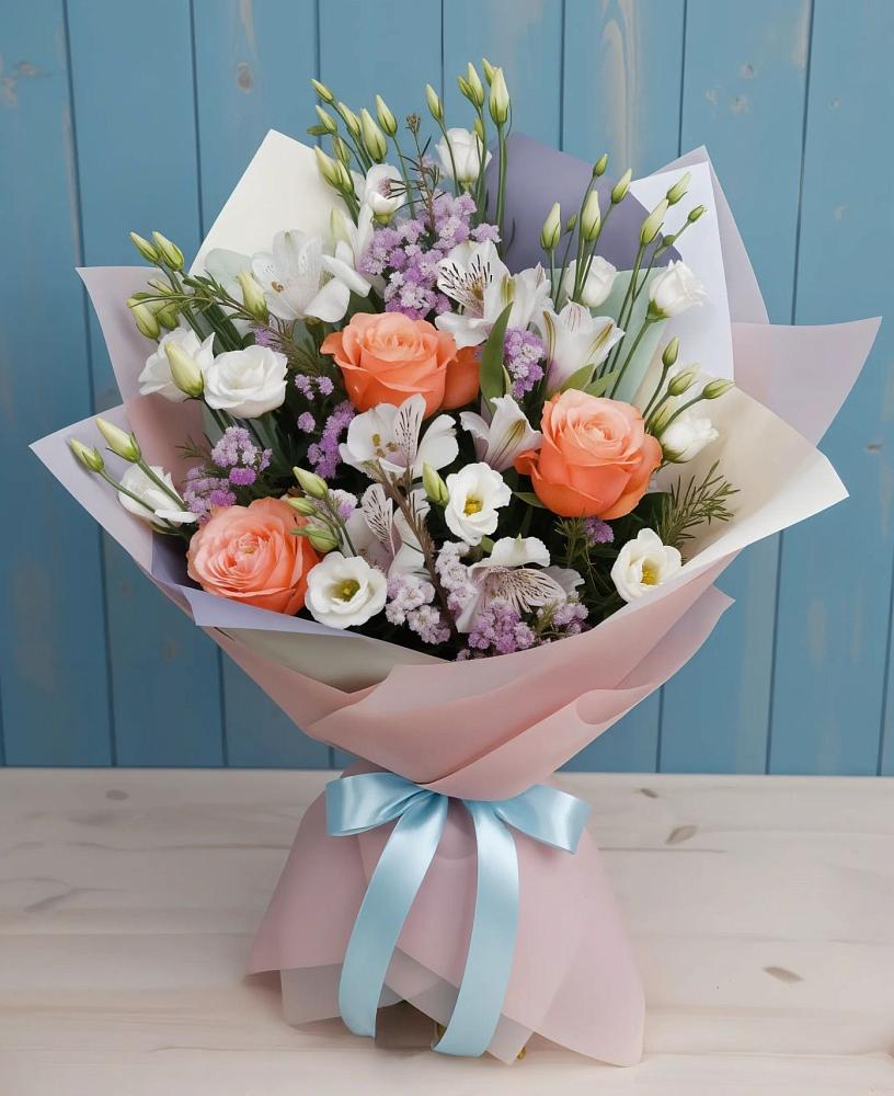 Букет цветов из: Лизиантусы, Розы, Альстромерии и Гипсофила в Долинске