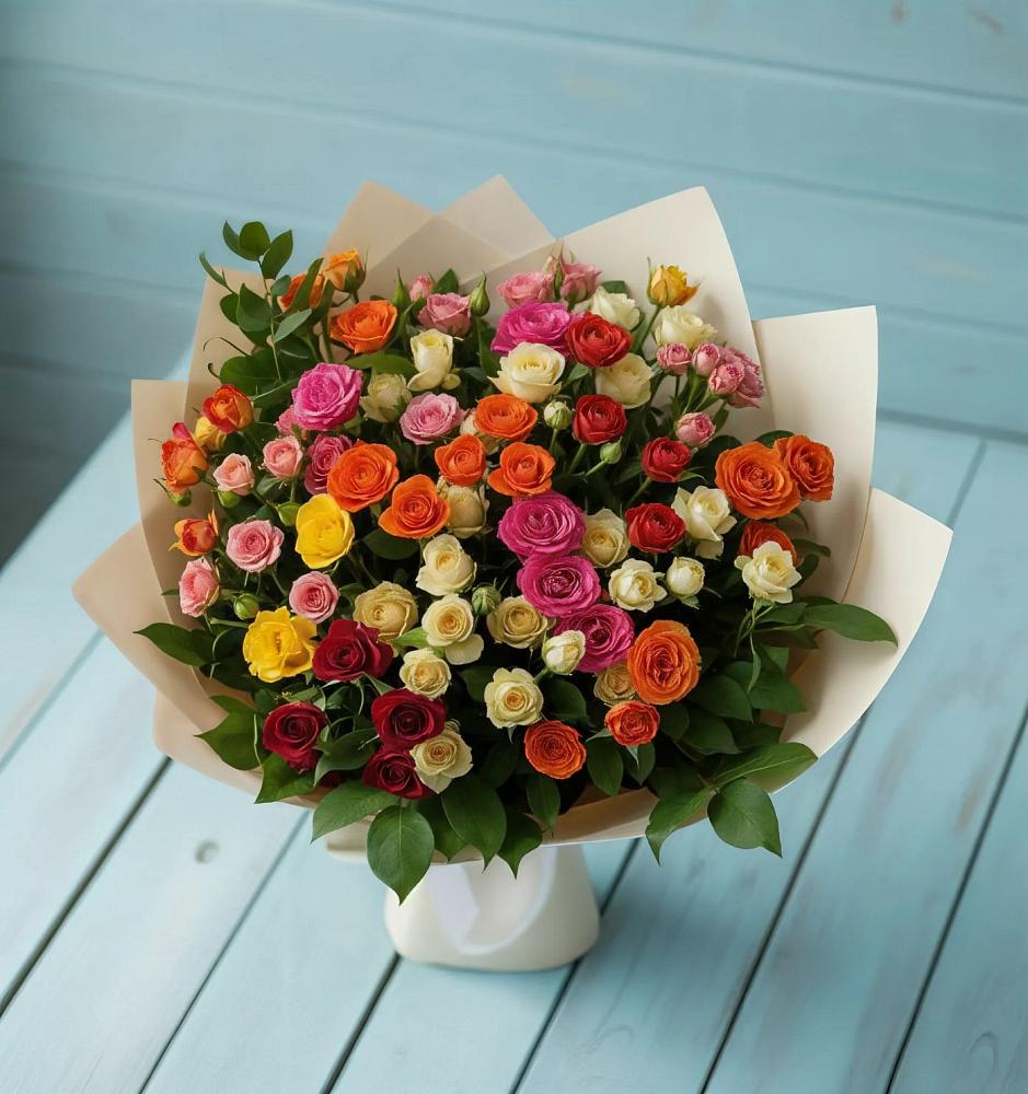 Букет Микс из разноцветных кустовых роз в Долинске
