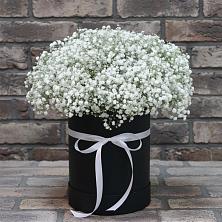 Цветочная композиция из Гипсофила в шляпной коробке в Долинске