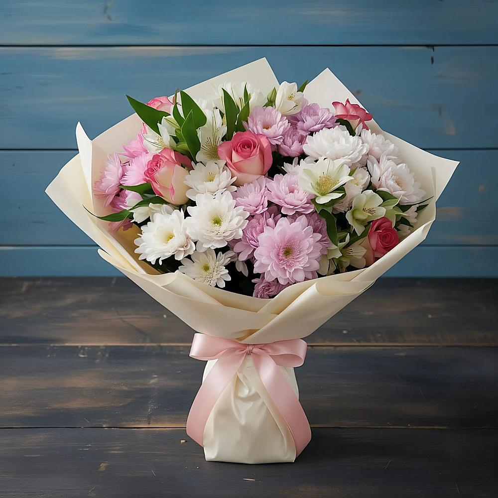 Букет цветов из: Хризантемы, Альстромерии и Розы в Долинске